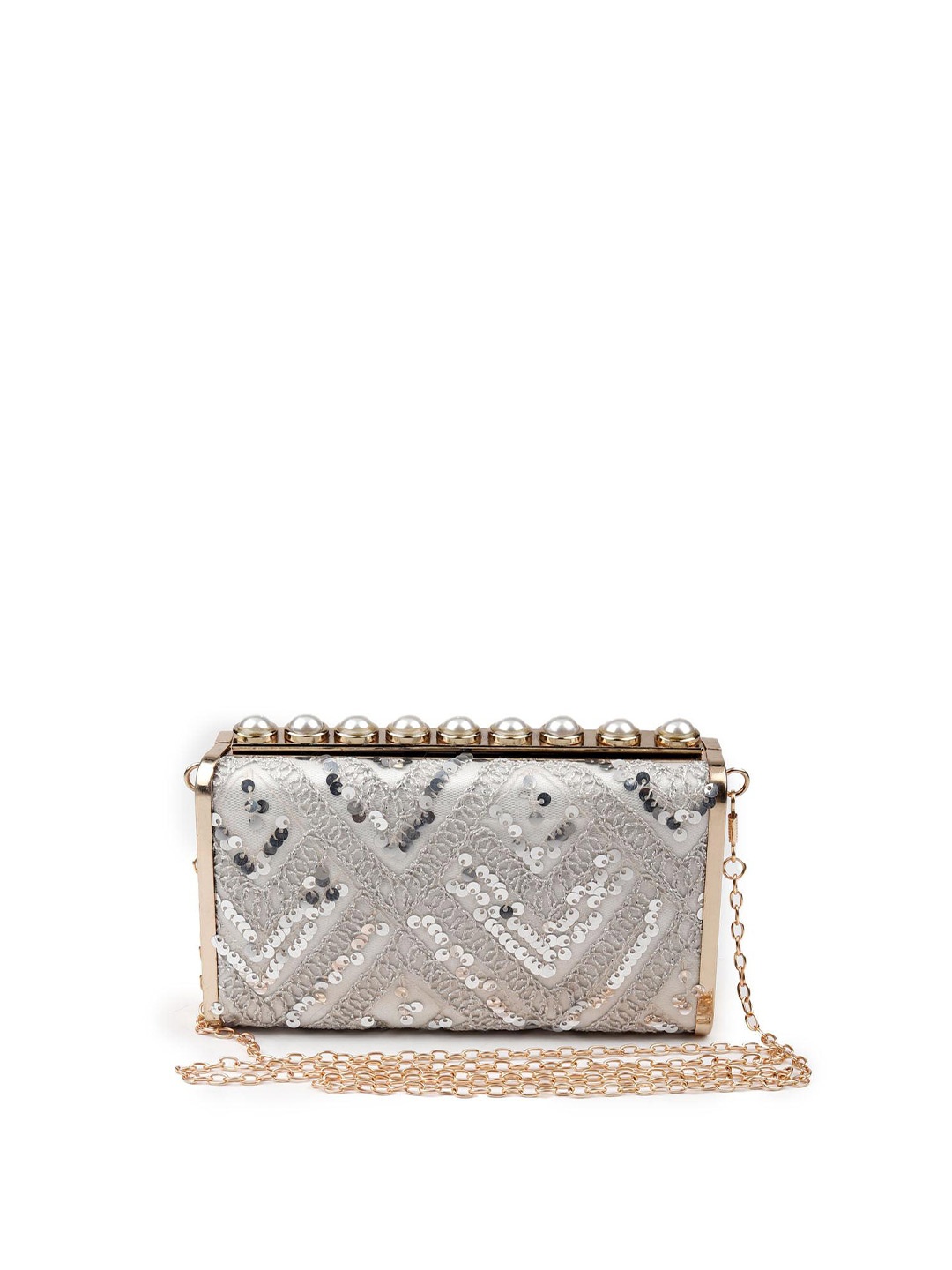 

ODETTE Embellished Sequinned Box Clutch, Silver