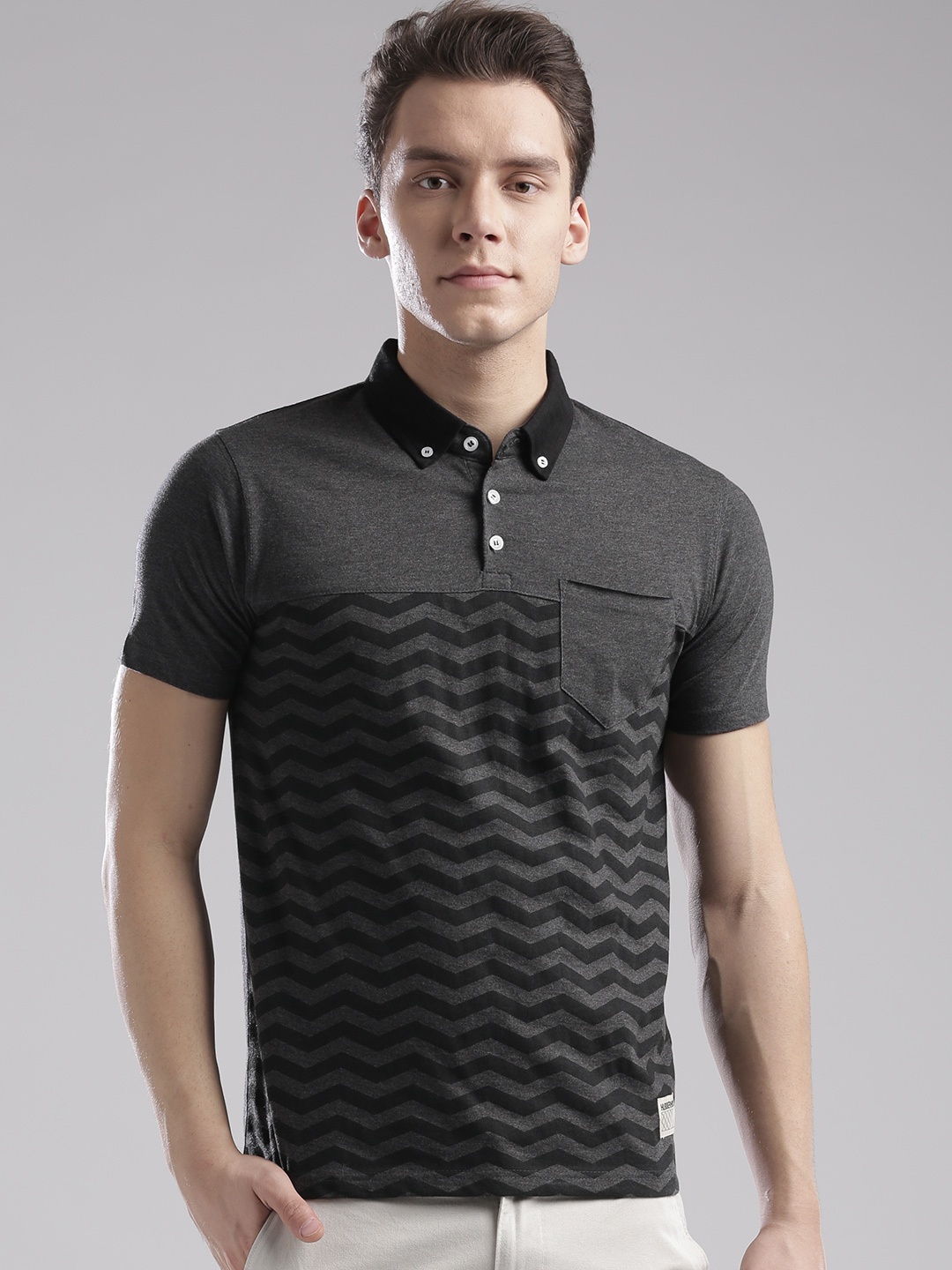 

Hubberholme Men Grey Melange Printed Pure Cotton T-shirt