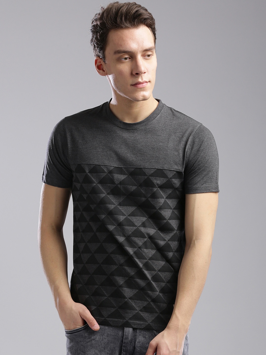 

Hubberholme Men Grey Melange Printed Round Neck Pure Cotton T-shirt