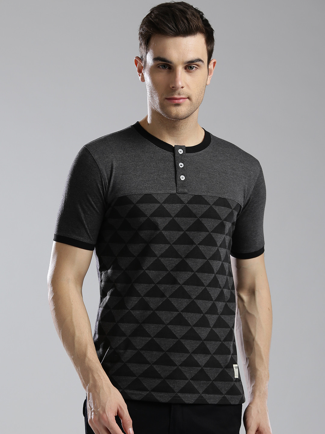 

Hubberholme Men Charcoal Grey Printed Henley Neck T-shirt