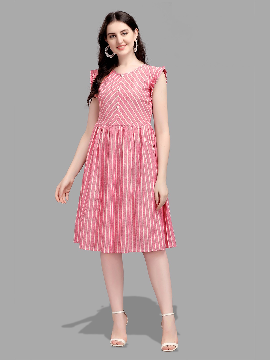 

Kinjo Pink Striped Flutter Sleeve Cotton A-Line Dress