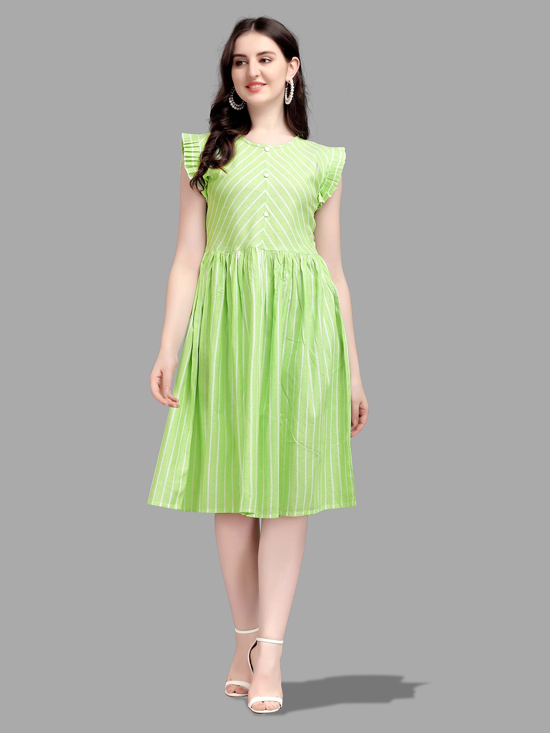 

Kinjo Striped Flutter Sleeve Fit & Flare Dress, Green