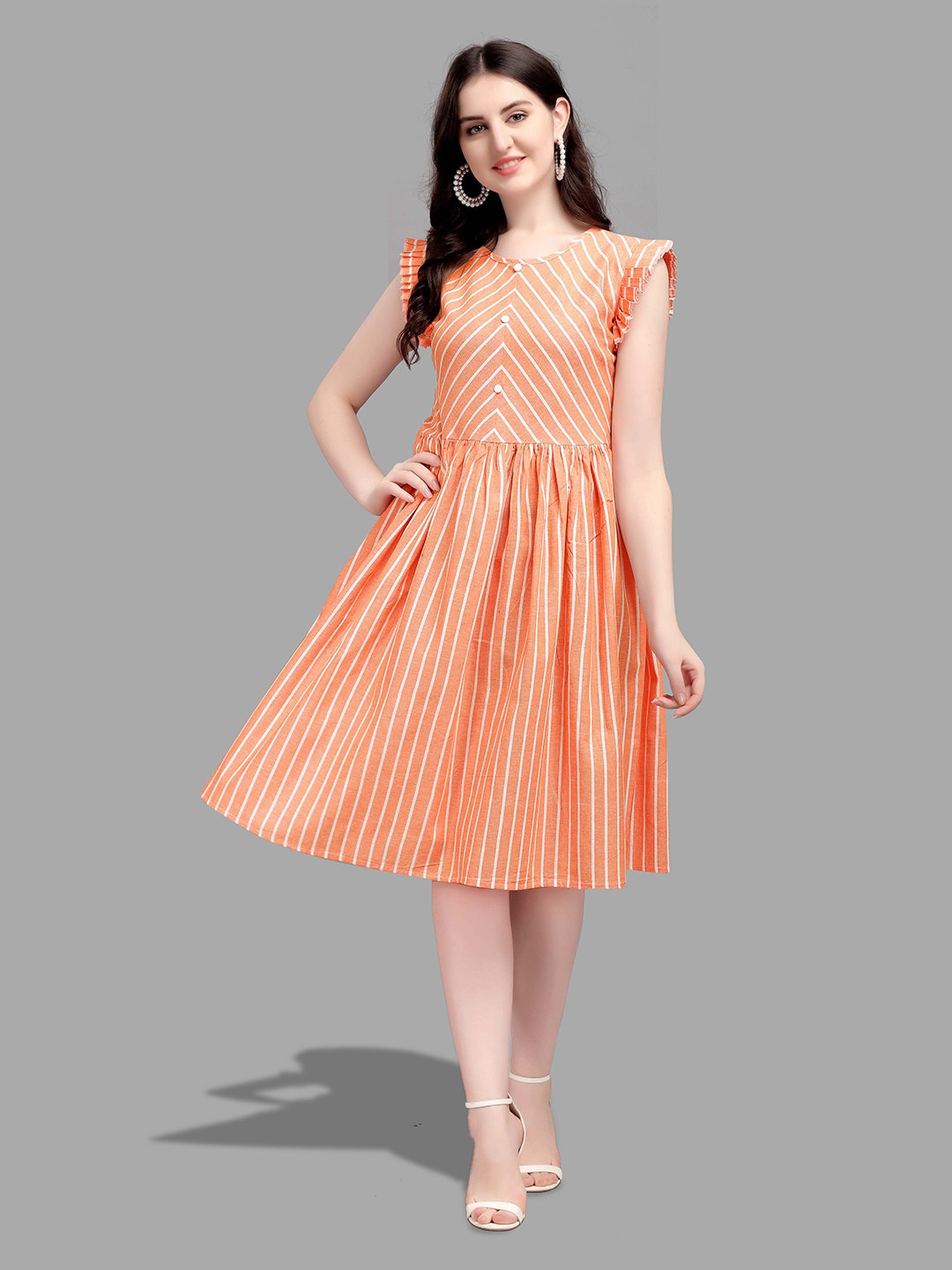 

Kinjo Striped Flutter Sleeve Fit & Flare Dress, Orange