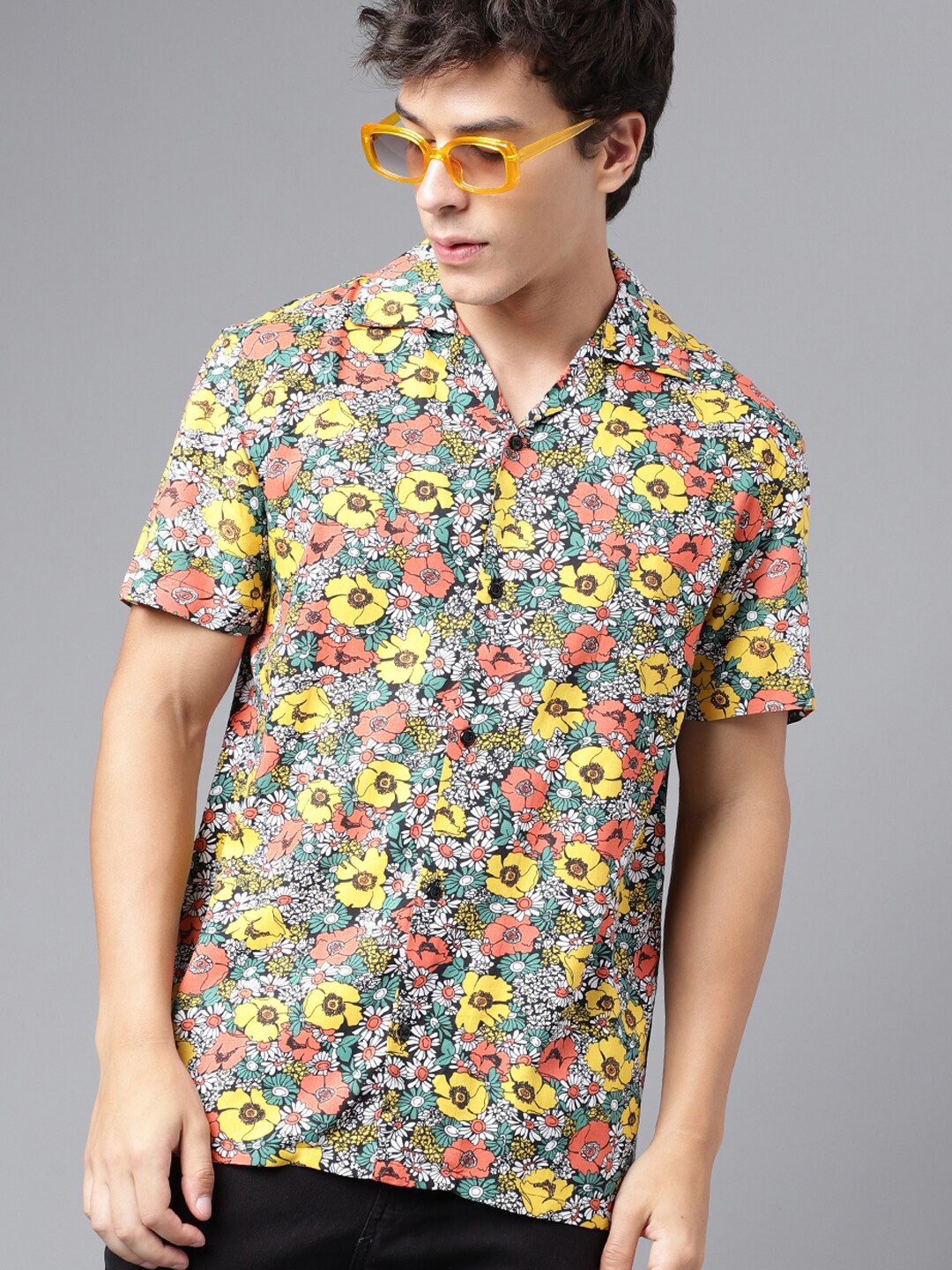 

Hancock Men Floral Printed Cuban Collar Relaxed Fit Casual Resort Shirt, Black