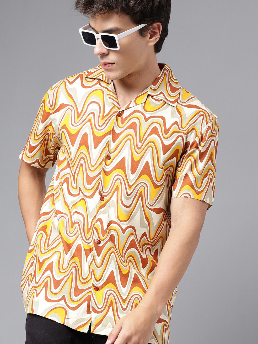 

Hancock Relaxed Fit Abstract Printed Cuban Collar Casual Shirt, Cream