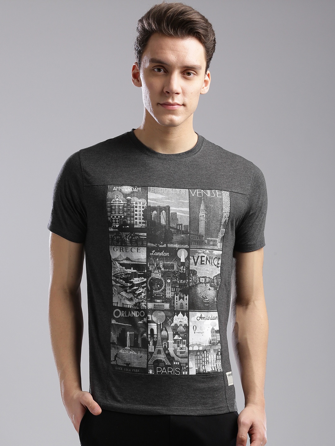 

Hubberholme Men Grey Melange Printed Round Neck T-shirt