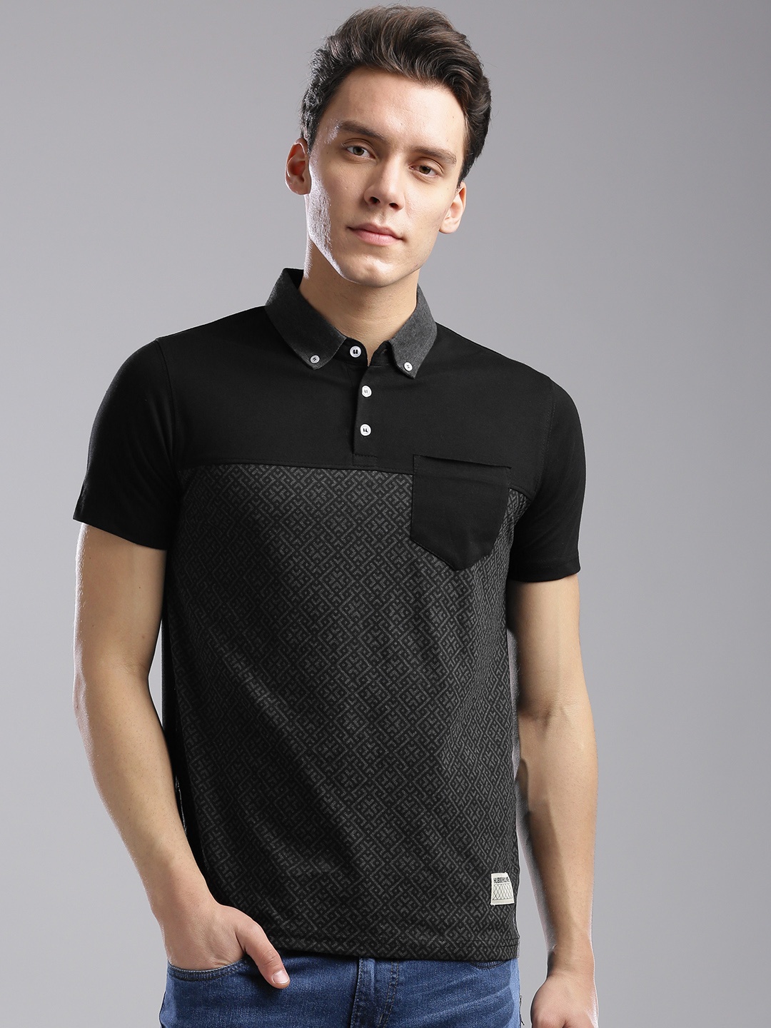 

Hubberholme Men Black & Grey Melange Printed Button-Down Collar T-shirt