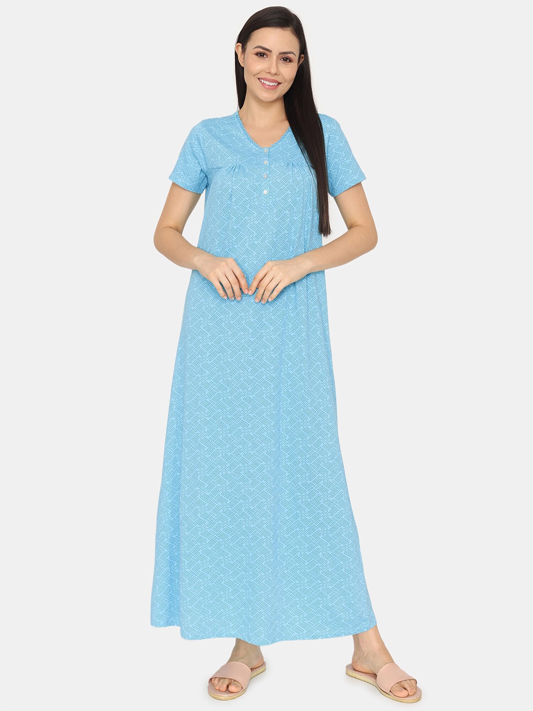 

Zivame Geometric Printed Maxi Nightdress, Blue