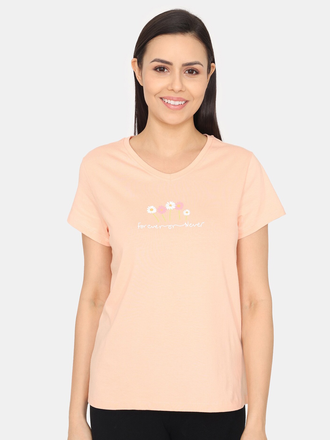 

Zivame Typography Printed V-neck Pure Cotton Tshirt, Pink