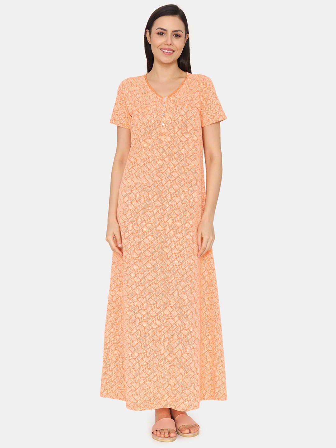 

Zivame Geometric Printed Maxi Nightdress, Orange