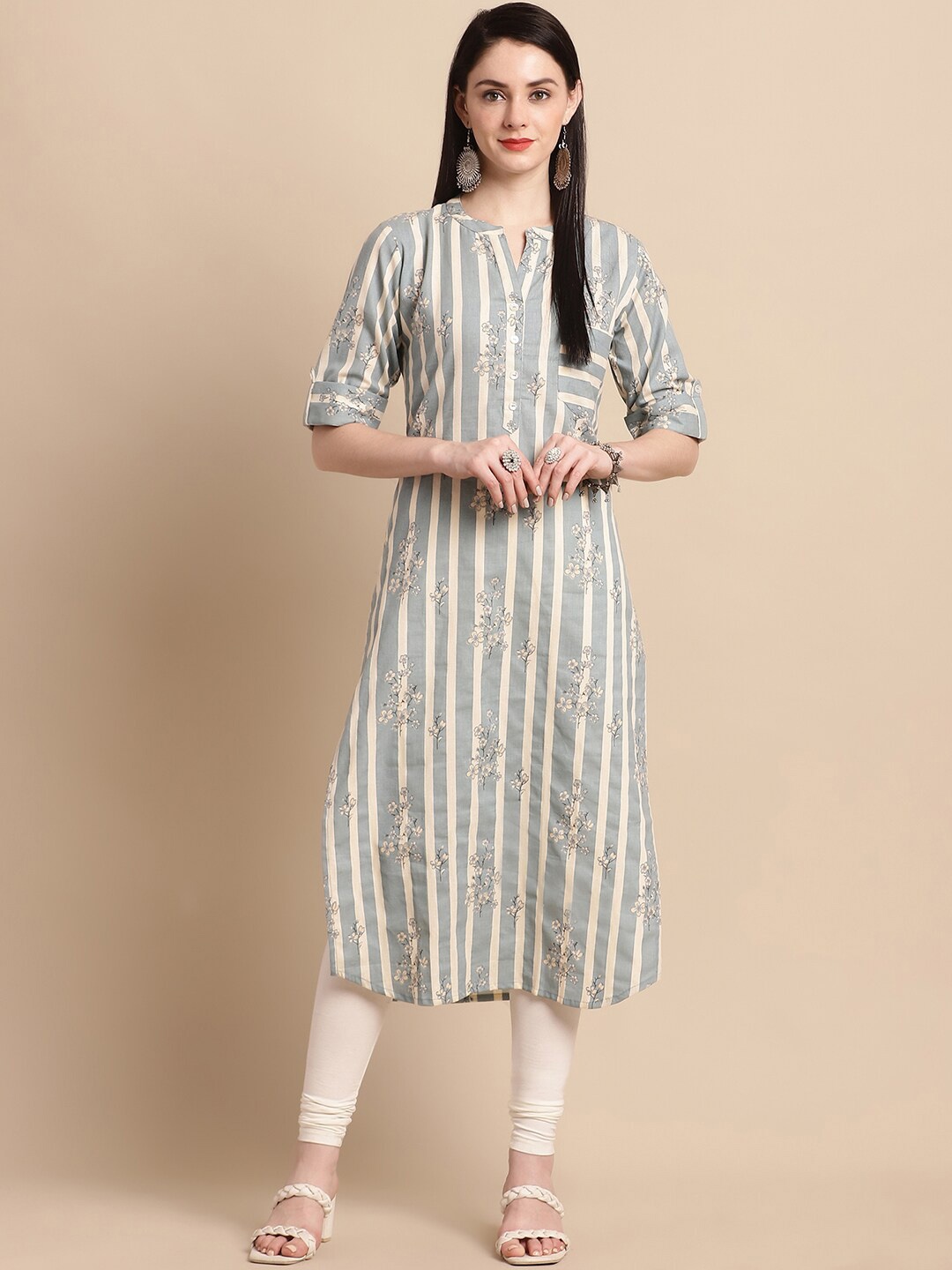 Pistaa Striped Roll-up Sleeves Cotton Straight Kurta, Grey