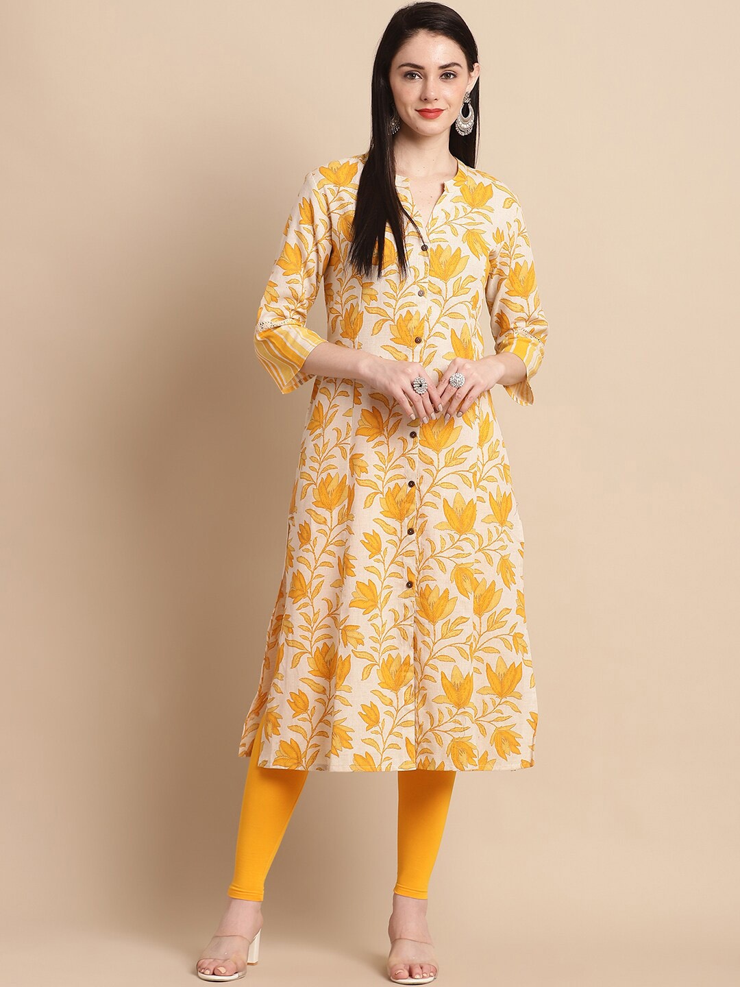 

Pistaa Floral Printed Cotton Straight Kurta, Yellow