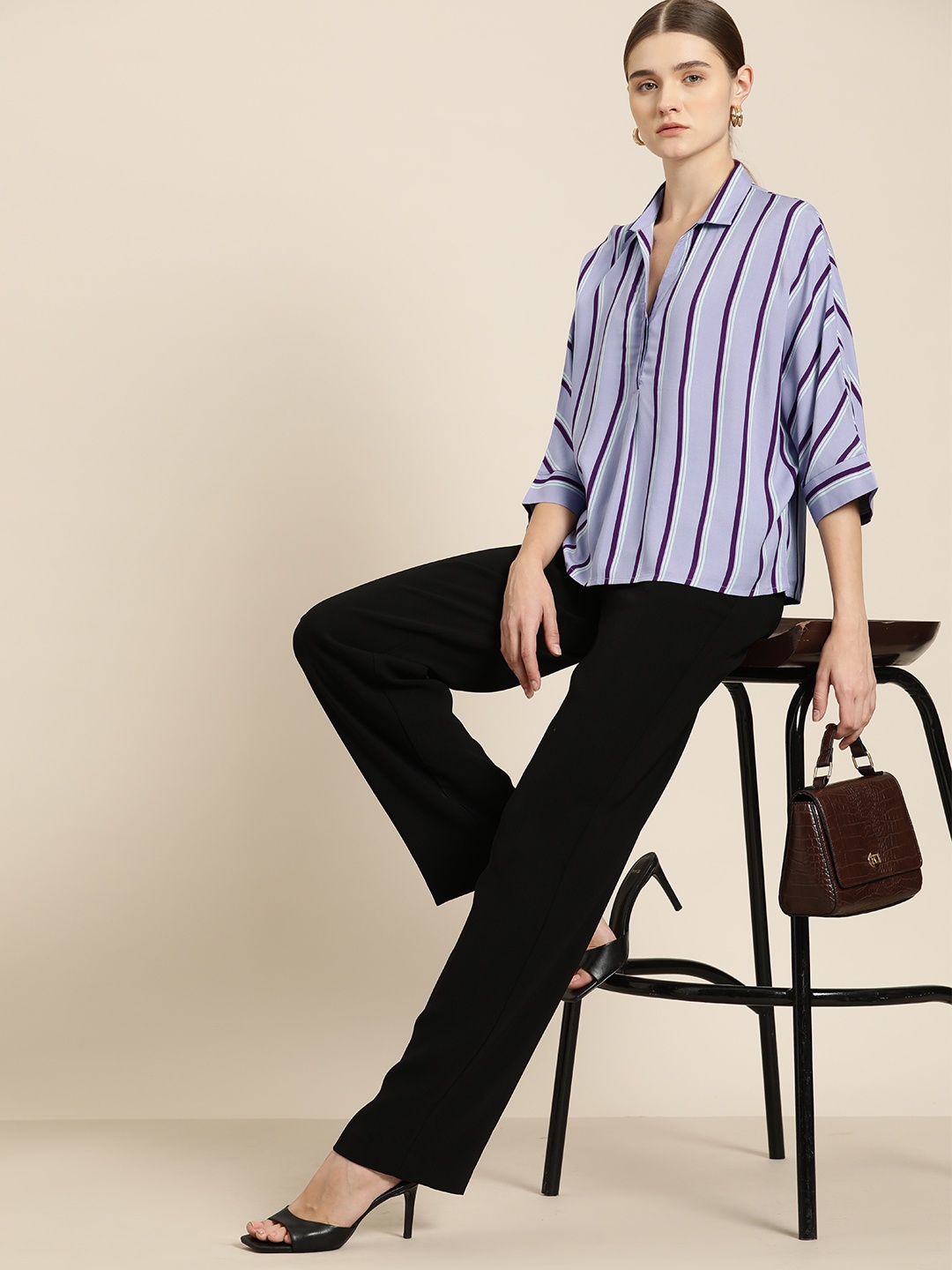 

her by invictus Striped Extended Sleeves Shirt Style Top, Lavender