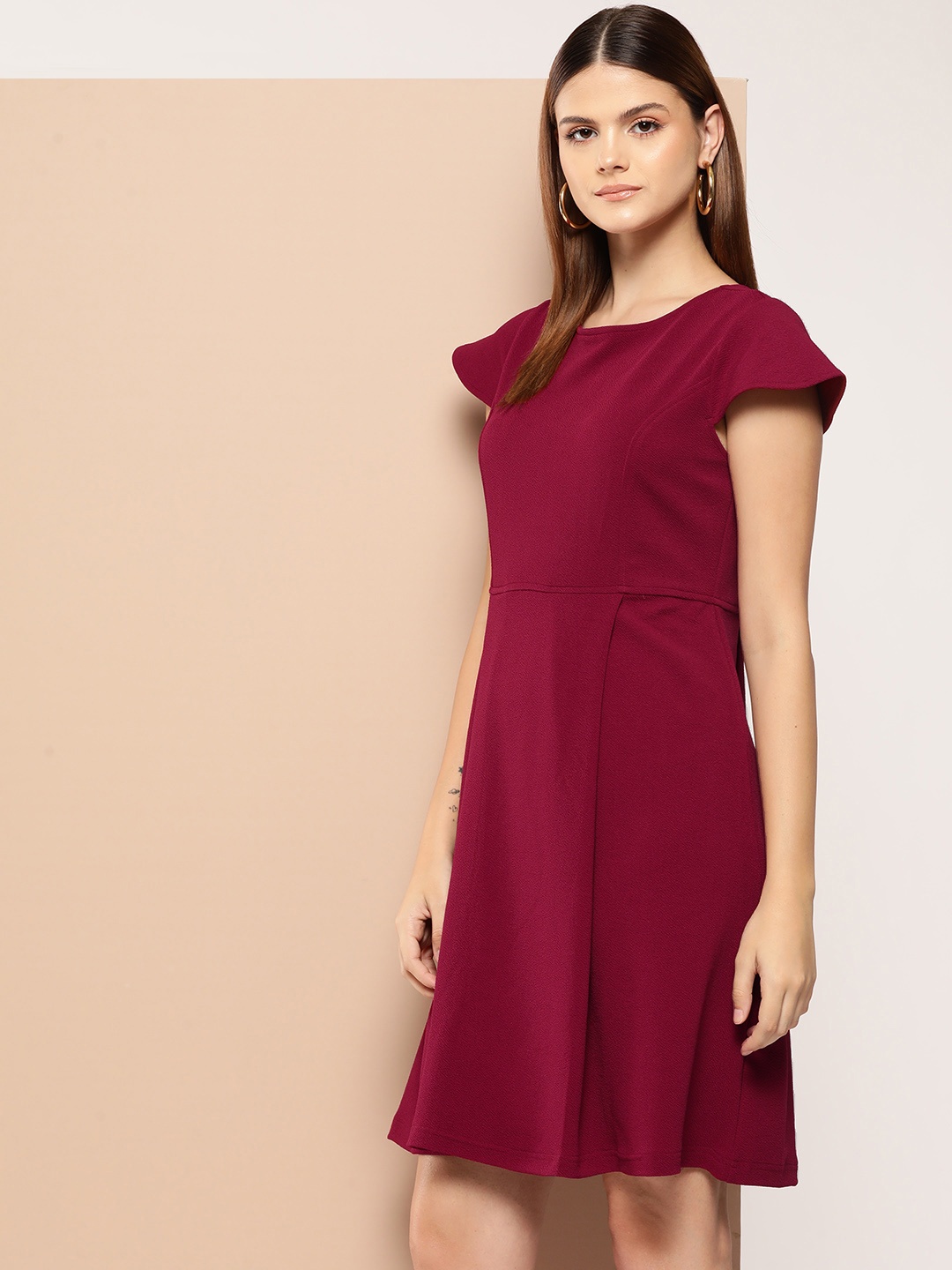 

her by invictus Solid Pleated A-Line Dress, Maroon