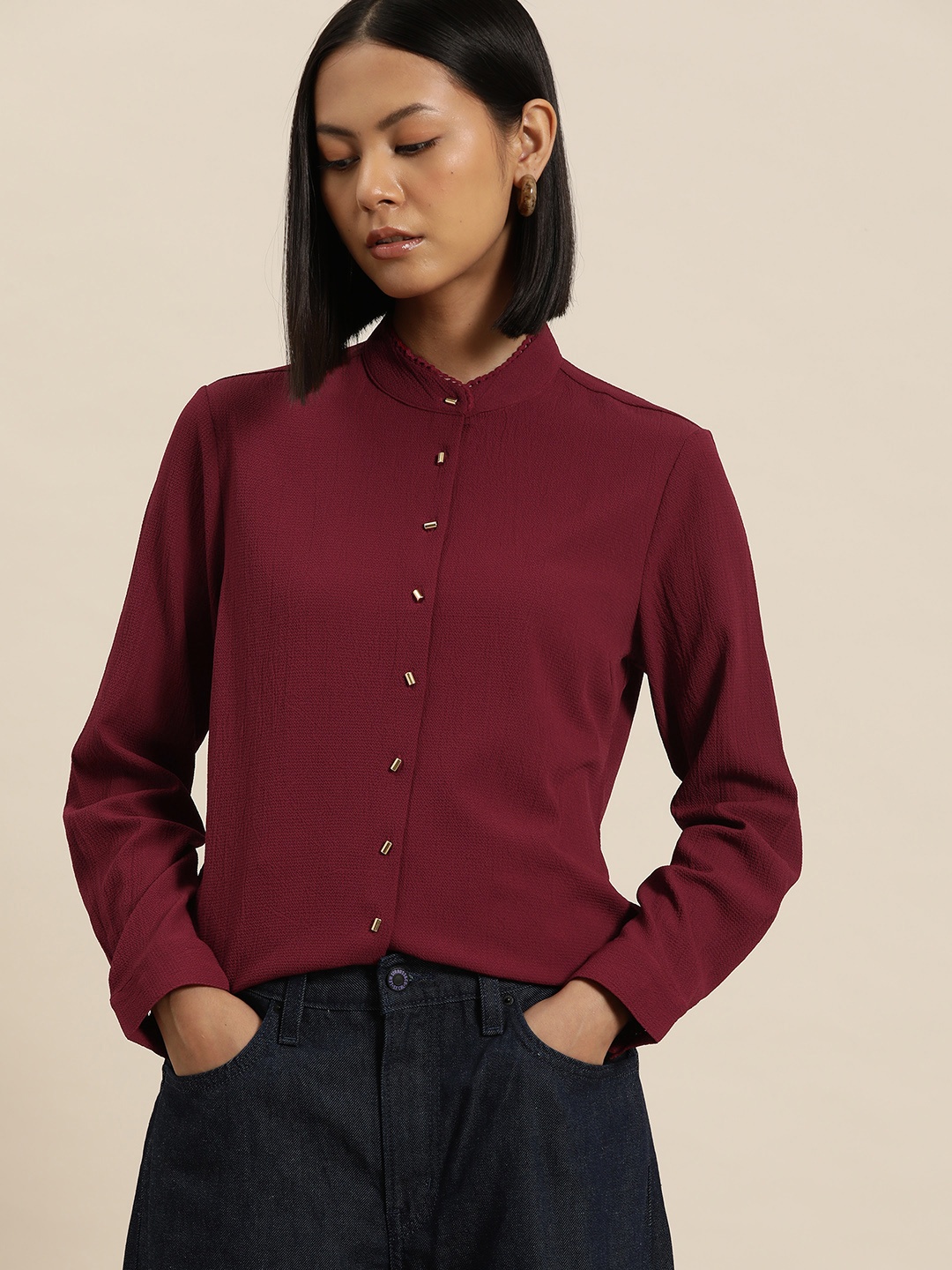

her by invictus Band Collar Opaque Semiformal Shirt, Maroon