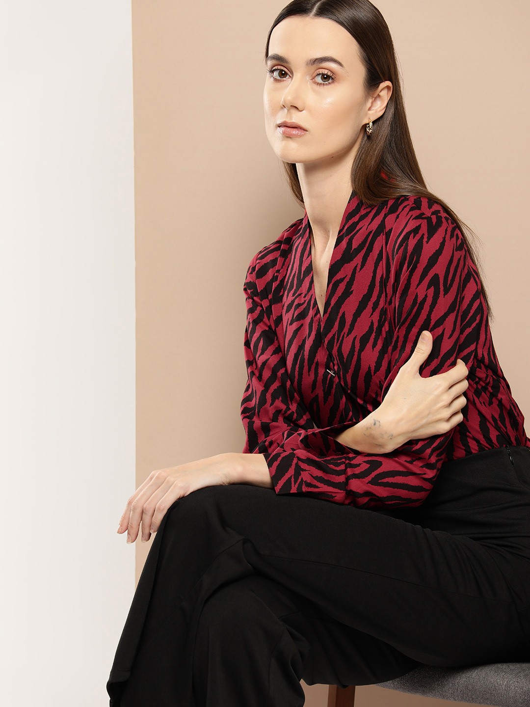 

her by invictus Animal Print Studded Top, Red