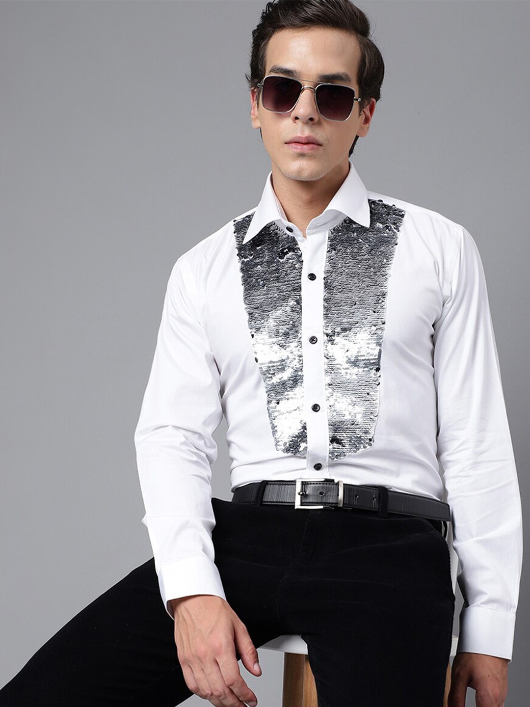 

Hancock Standard Embellished Sequinned Slim Fit Pure Cotton Party Shirt, White
