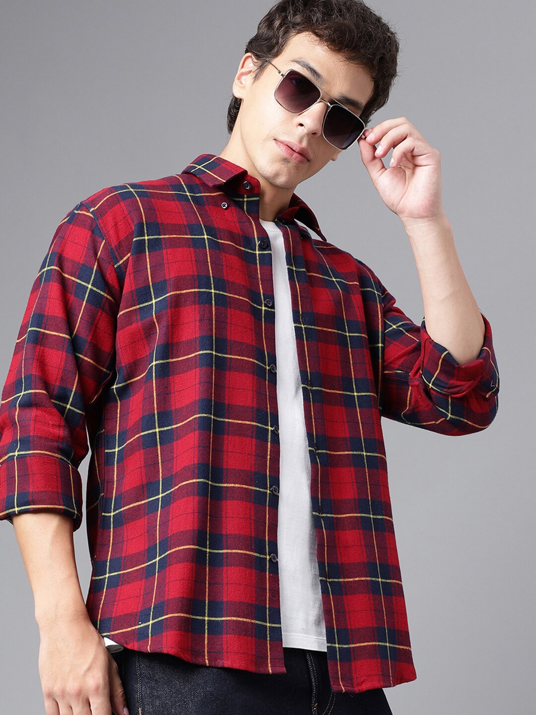 

Hancock Standard Slim Fit Plaided Flannel Checked Opaque Cotton Casual Shirt, Red