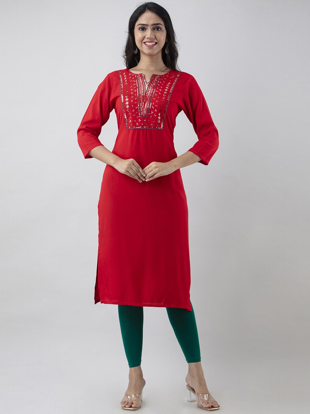 

PREKSHA Yoke Design Sequinned Straight Kurta, Red