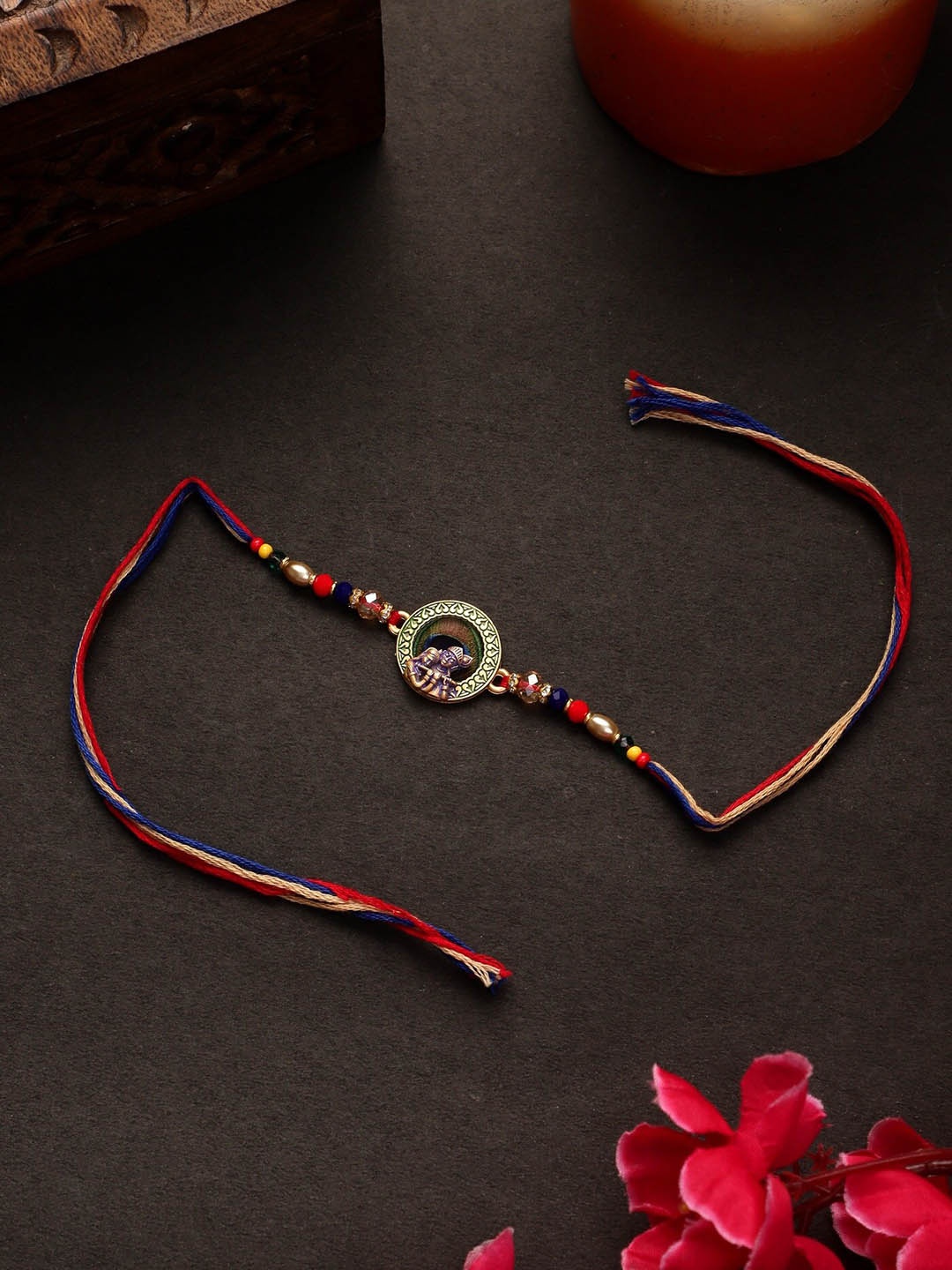 

Mali Fionna Tie-Up Peacock-Charm & Beaded Rakhi, Red