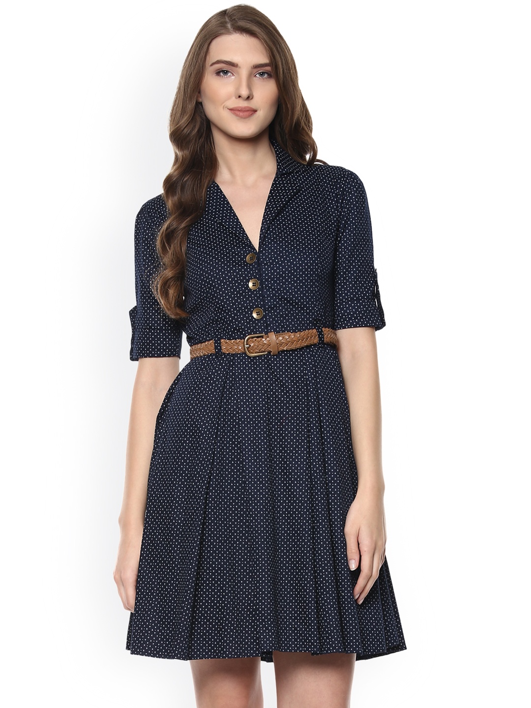 

WoowZerz Women Navy Blue Printed Fit and Flare Dress