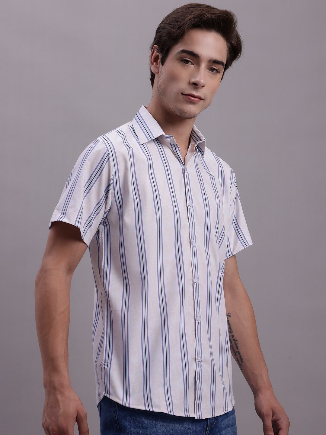 

JAINISH Classic Multi Striped Spread Collar Casual Shirt, Cream