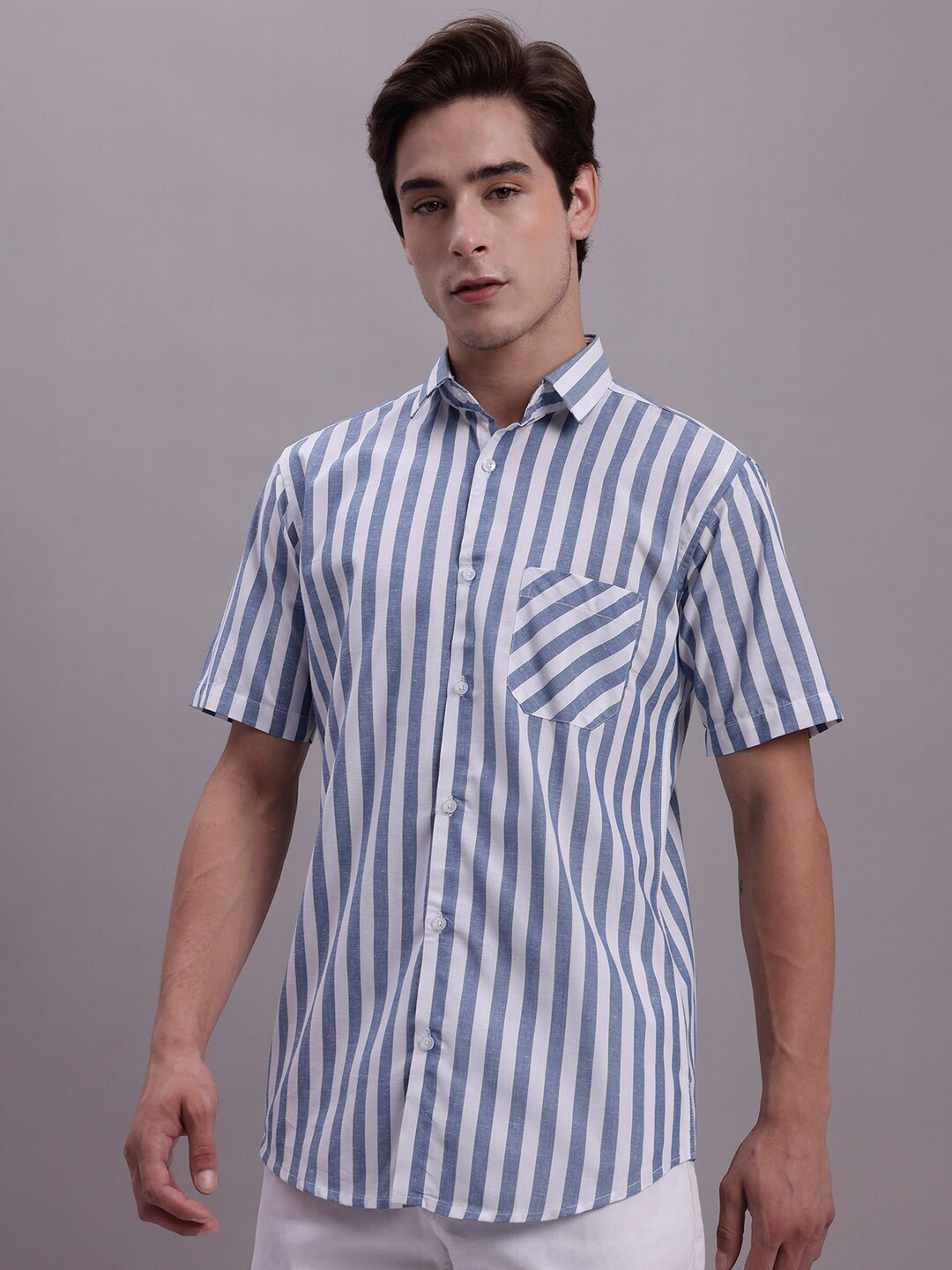 

JAINISH Classic Striped Spread Collar Cotton Casual Shirt, White