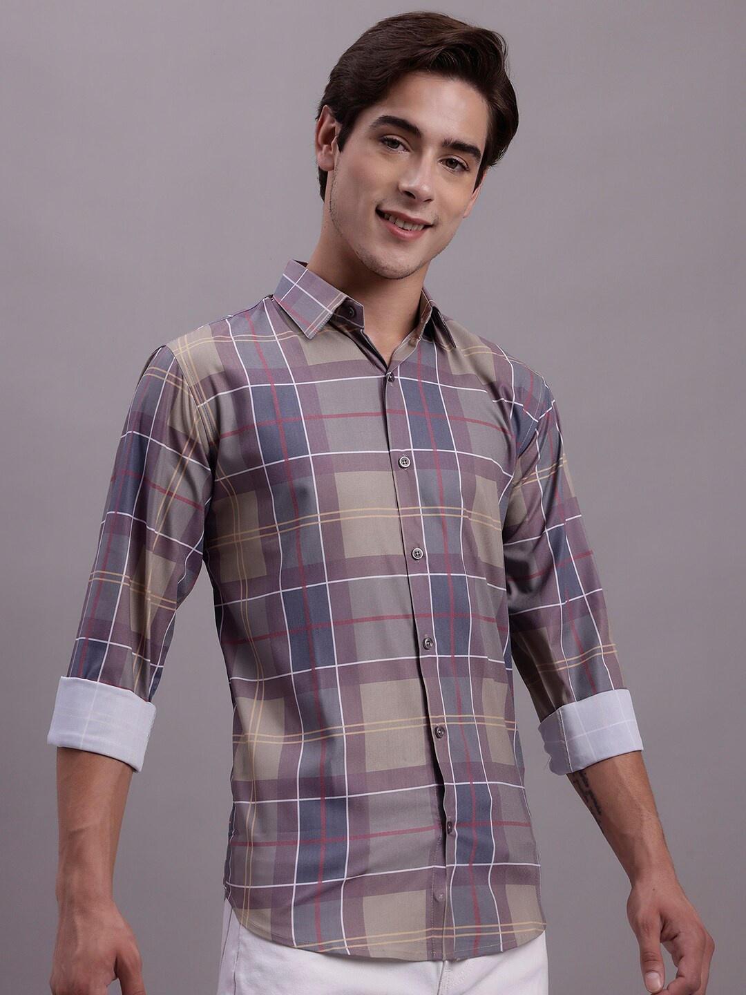 

JAINISH Classic Tartan Checked Spread Collar Casual Shirt, Brown