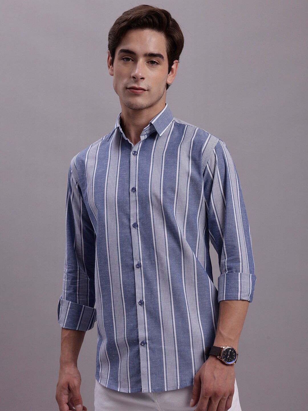 

JAINISH Classic Striped Spread Collar Cotton Casual Shirt, Blue