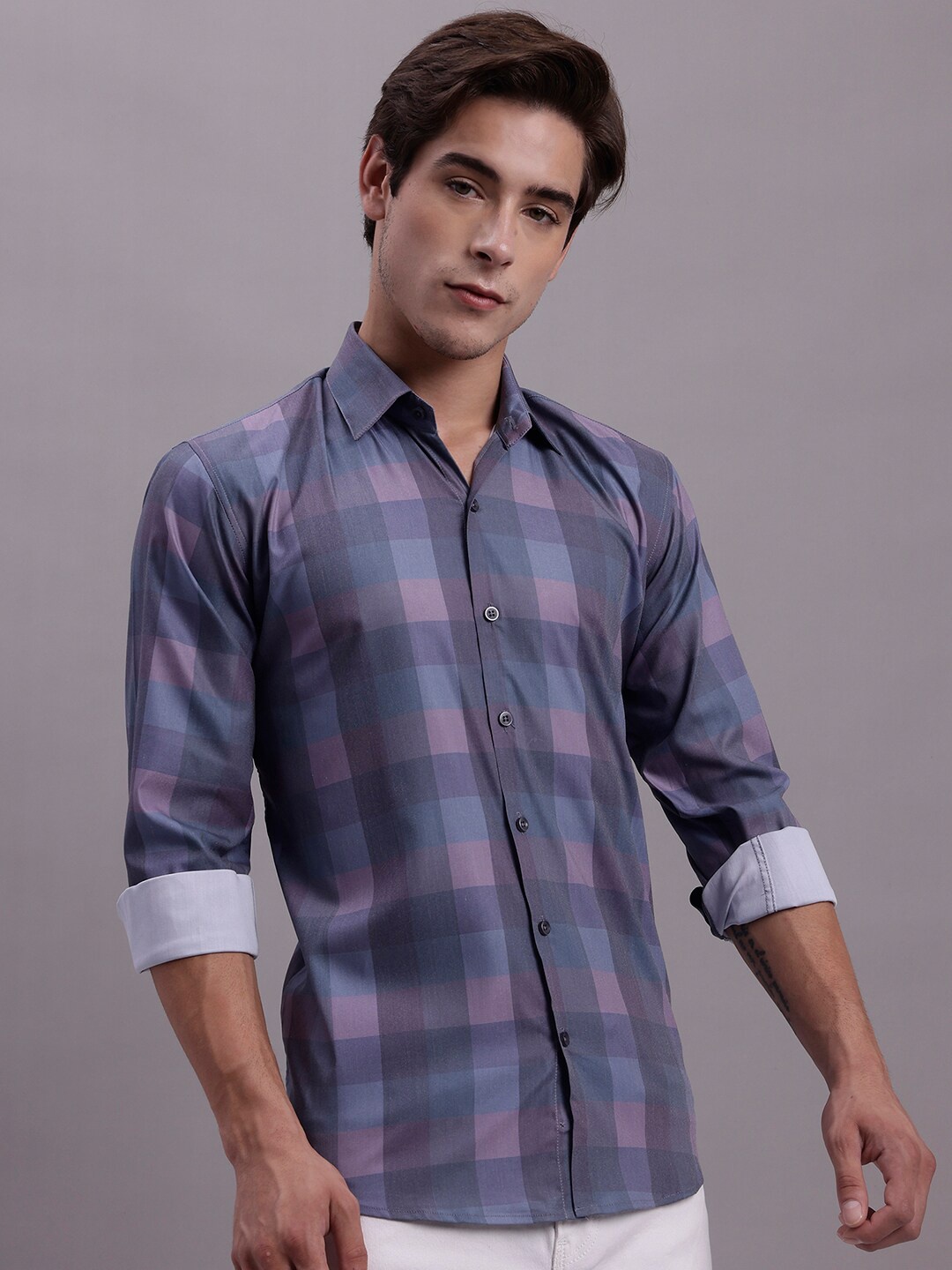 

JAINISH Classic Buffalo Checked Spread Collar Casual Shirt, Purple