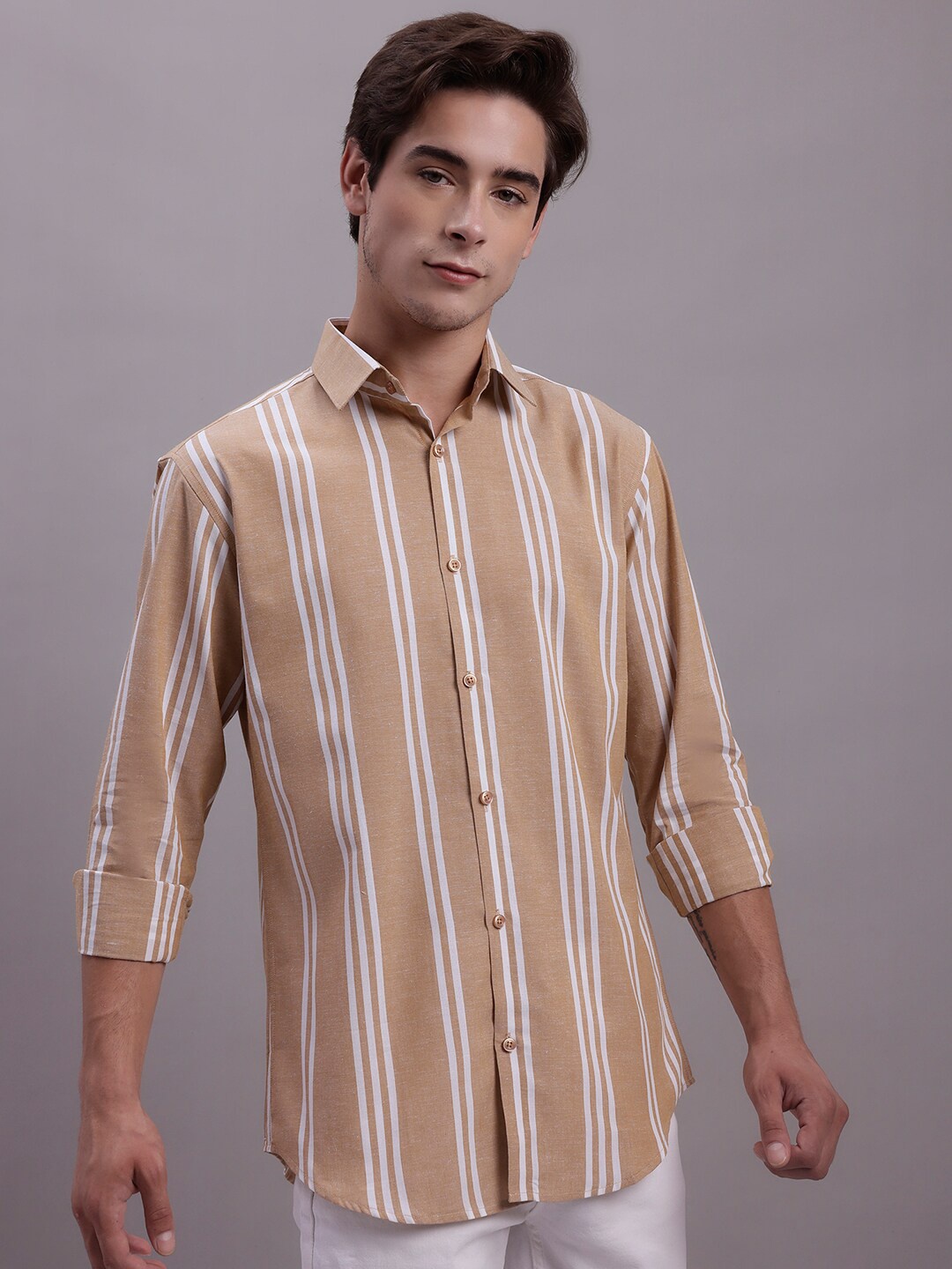 

JAINISH Classic Vertical Striped Spread Collar Regular Fit Pure Cotton Casual Shirt, Brown