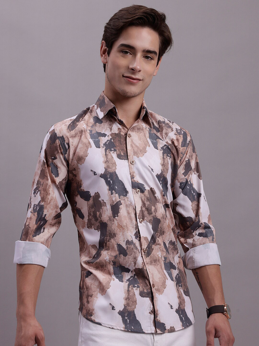 

JAINISH Classic Abstract Printed Spread Collar Casual Shirt, Brown