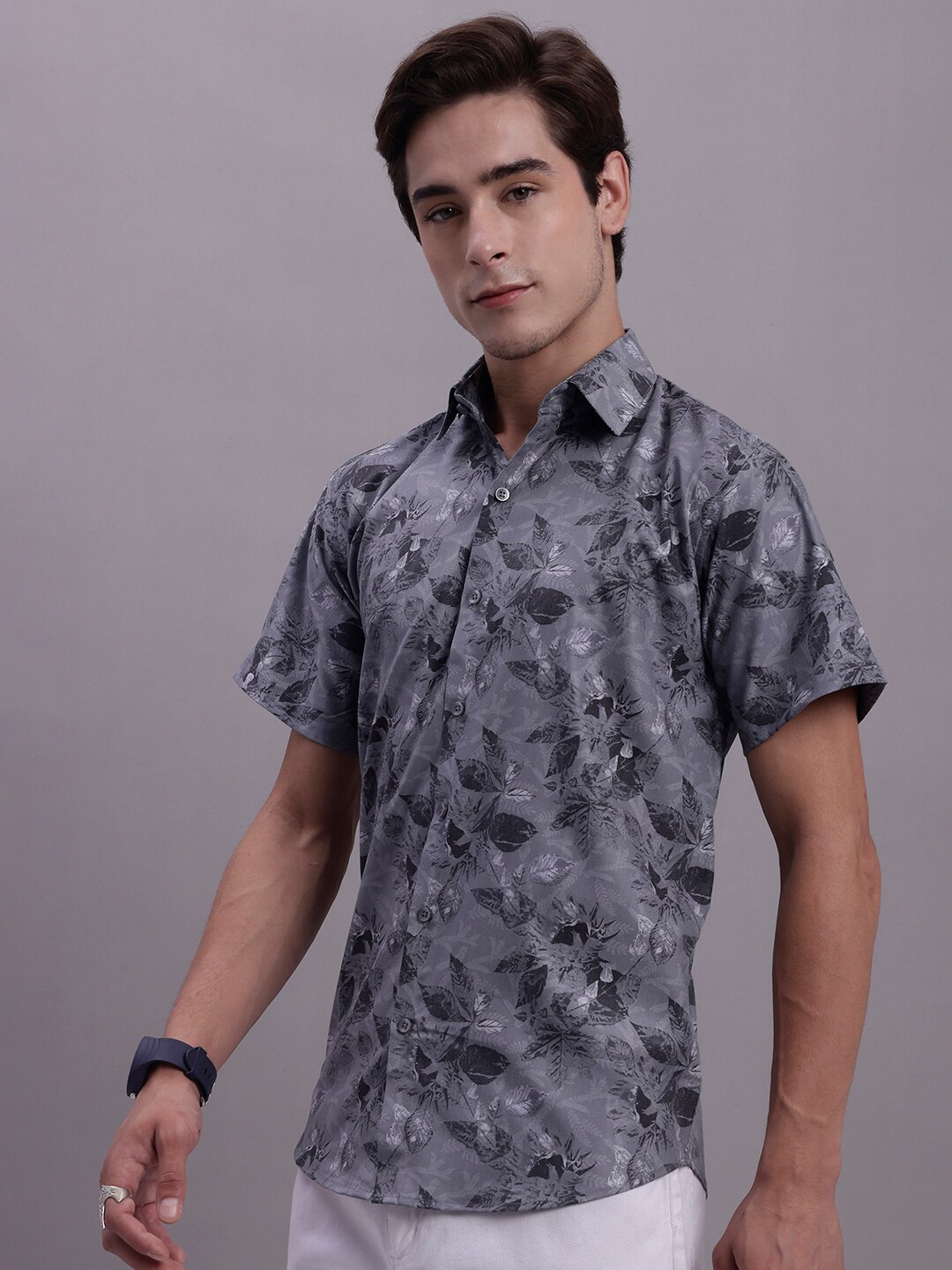 

JAINISH Classic Floral Printed Spread Collar Casual Shirt, Charcoal
