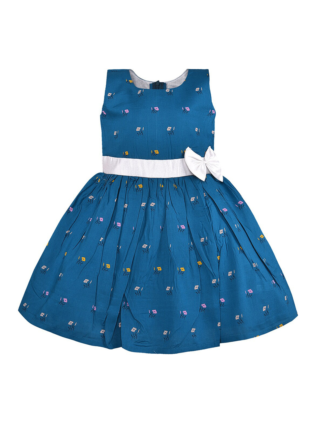 

Wish Karo Girls Floral Printed Round Neck Bow Pure Cotton Fit & Flare Dress, Blue