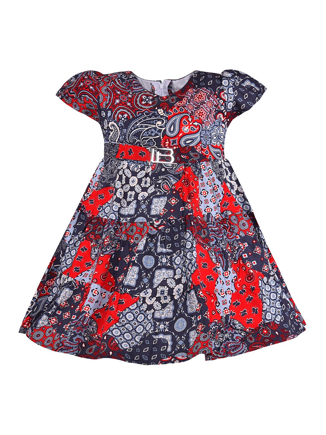 

Wish Karo Girls Abstract Printed Cap Sleeves Silk A-Line Dress, Red