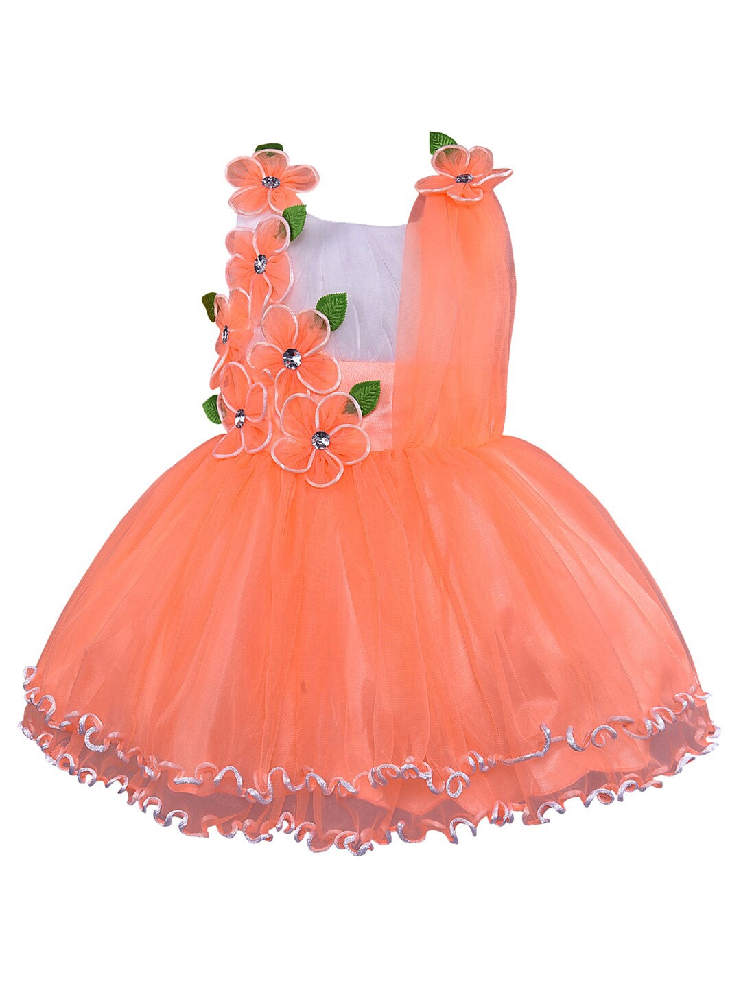 

Wish Karo Girls Embellished Shoulder Strap Fit & Flare Dress With Dupatta Yoke Design, Peach