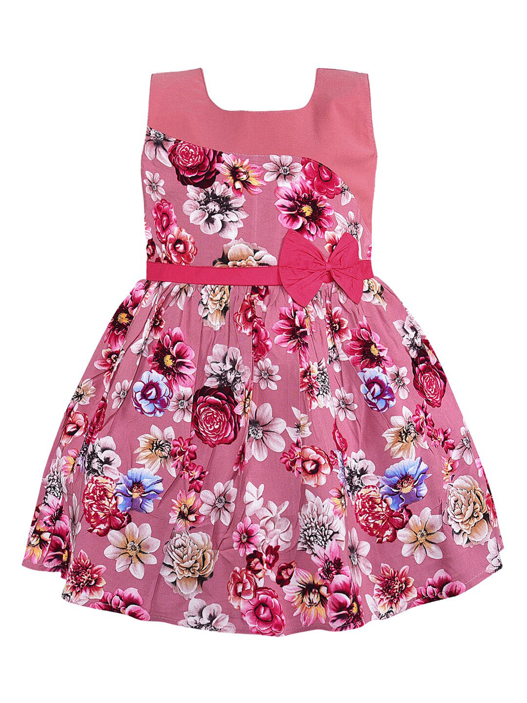 

Wish Karo Girls Floral Printed Square Neck Bow Pure Cotton Fit & Flare Dress, Burgundy