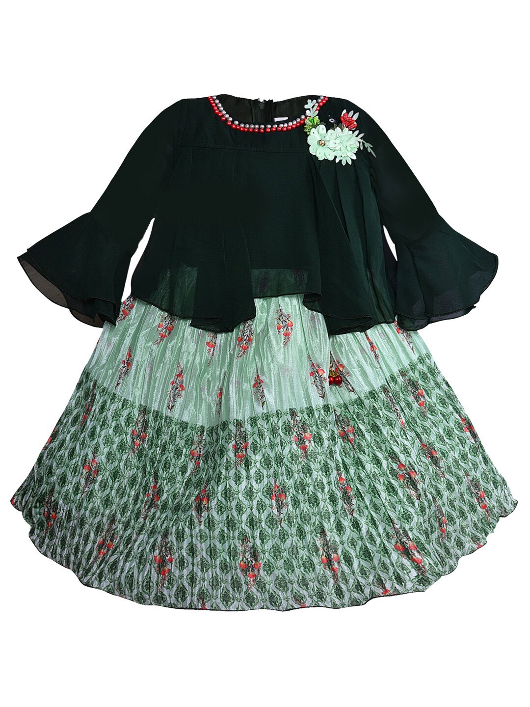 

Wish Karo Floral Printed Bell Sleeve Georgette Fit & Flare Dress, Green