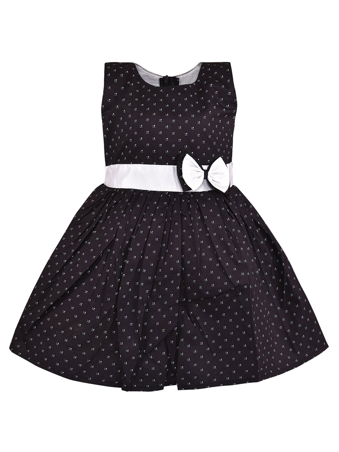

Wish Karo Girls Conversational Printed Bow Detailed Cotton Fit & Flare Dress, Black