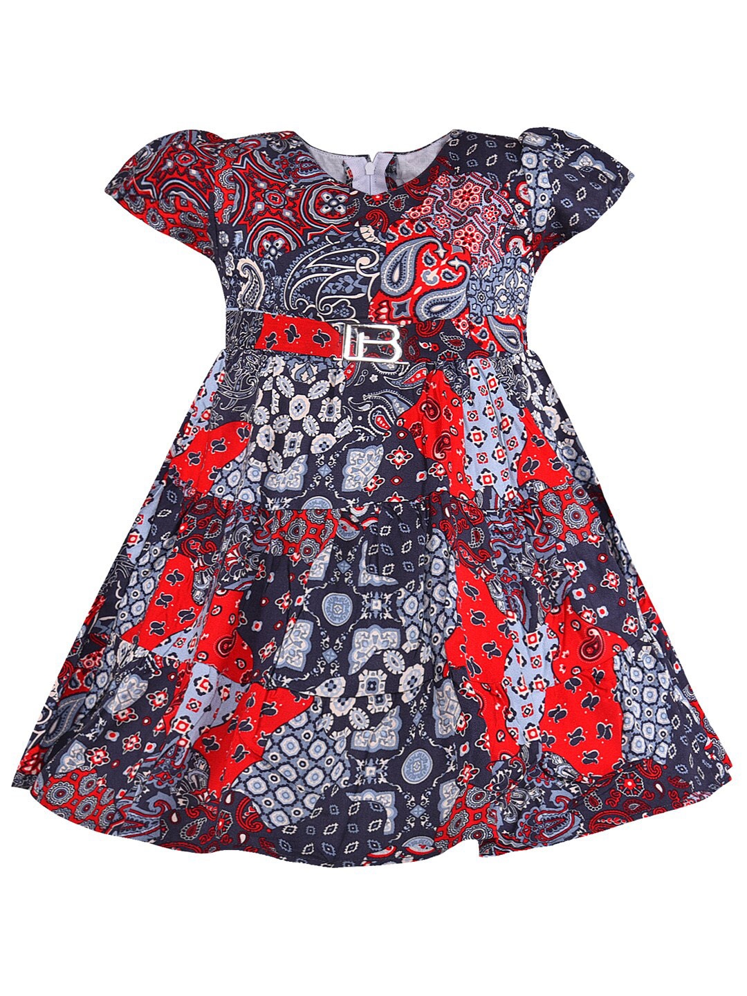 

Wish Karo Girls Abstract Printed Cap Sleeves Silk A-Line Dress, Red
