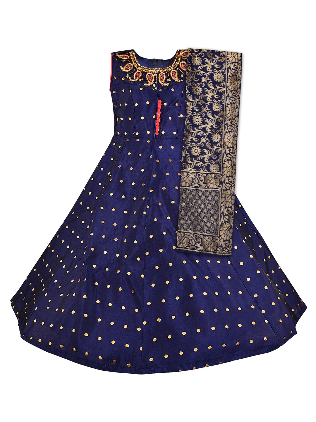 

Wish Karo Girls Self Design Embroidered Silk Ethnic Dress, Navy blue