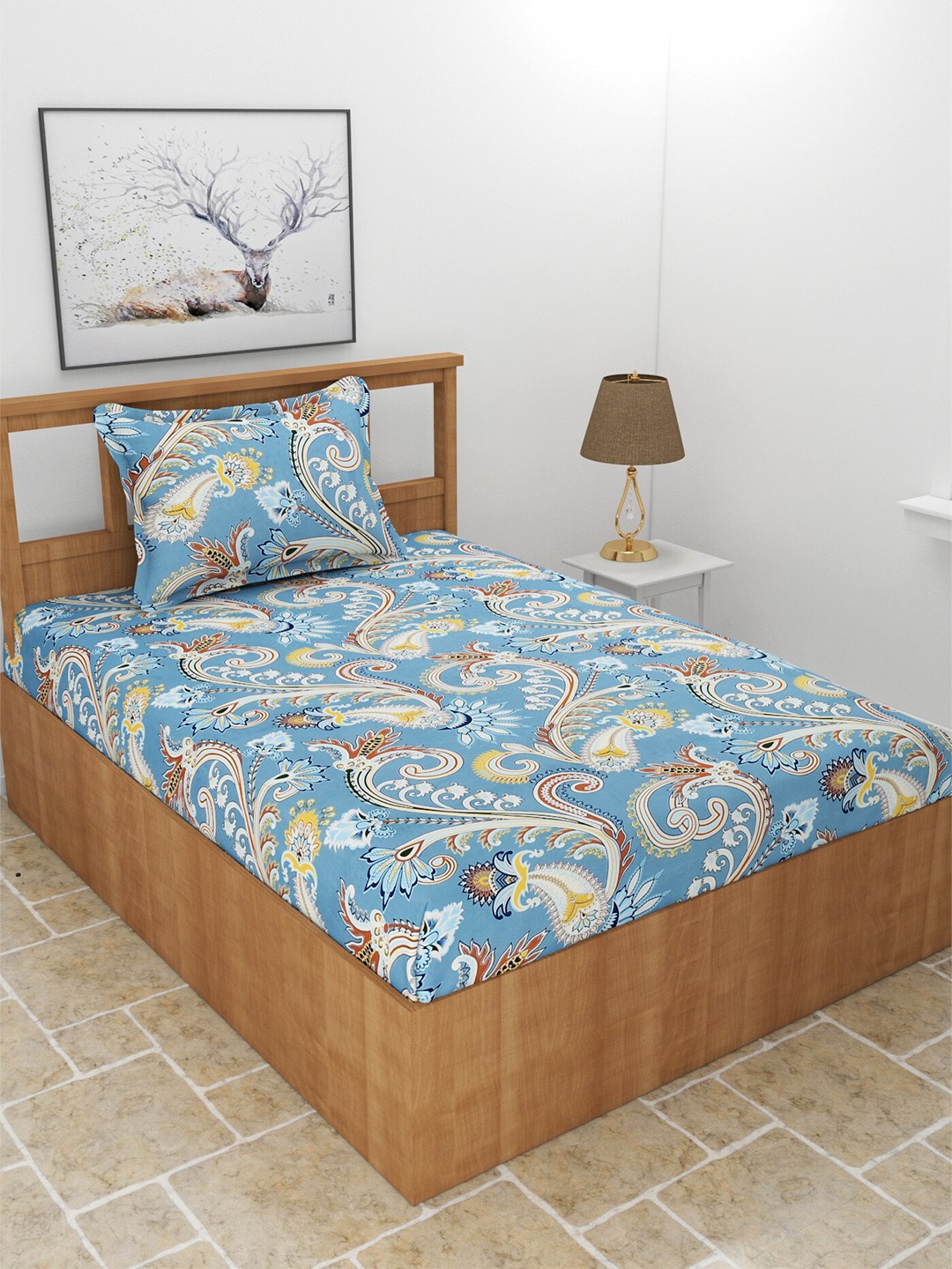 

MORADO Blue & White Printed 210 TC Single Bedsheet with 1 Pillow Covers