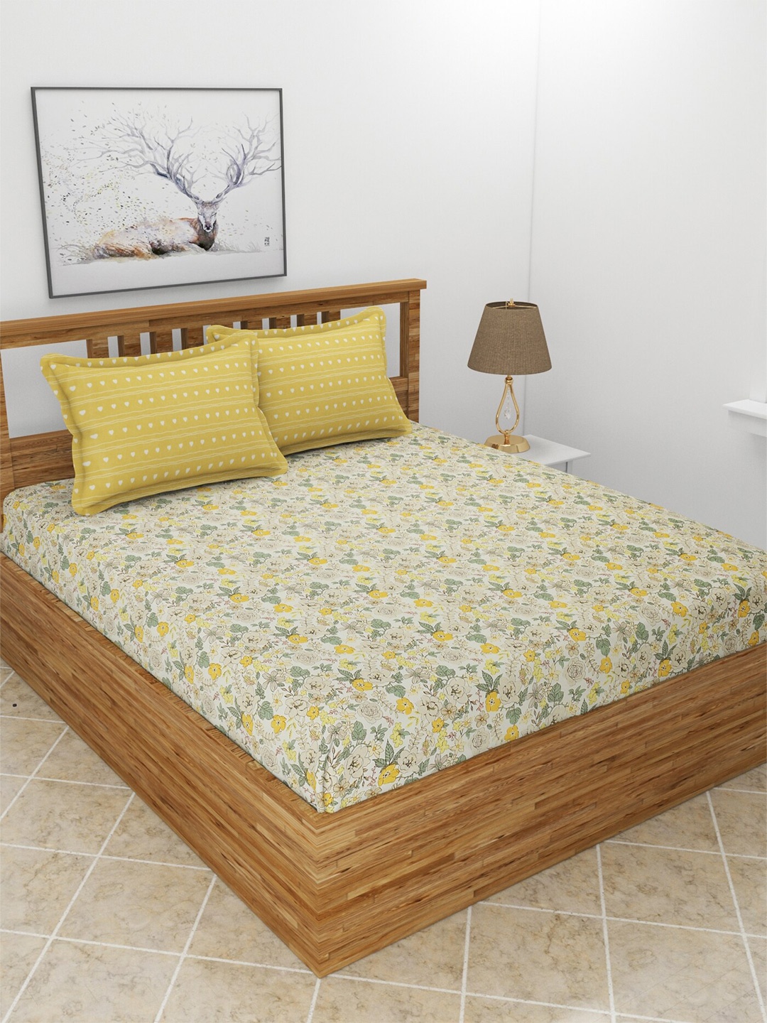 

MORADO White & Yellow Printed 210 TC King Bedsheet with 2 Pillow Covers