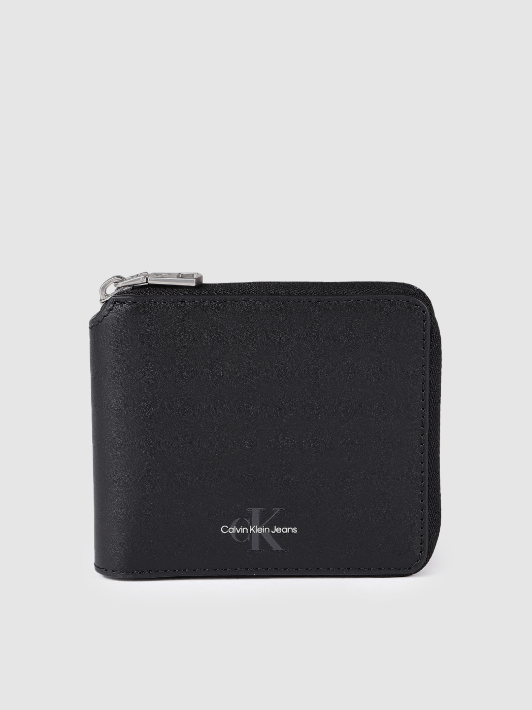 

Calvin Klein Men Minimal Brand Logo Printed Leather Zip Around Wallet, Black