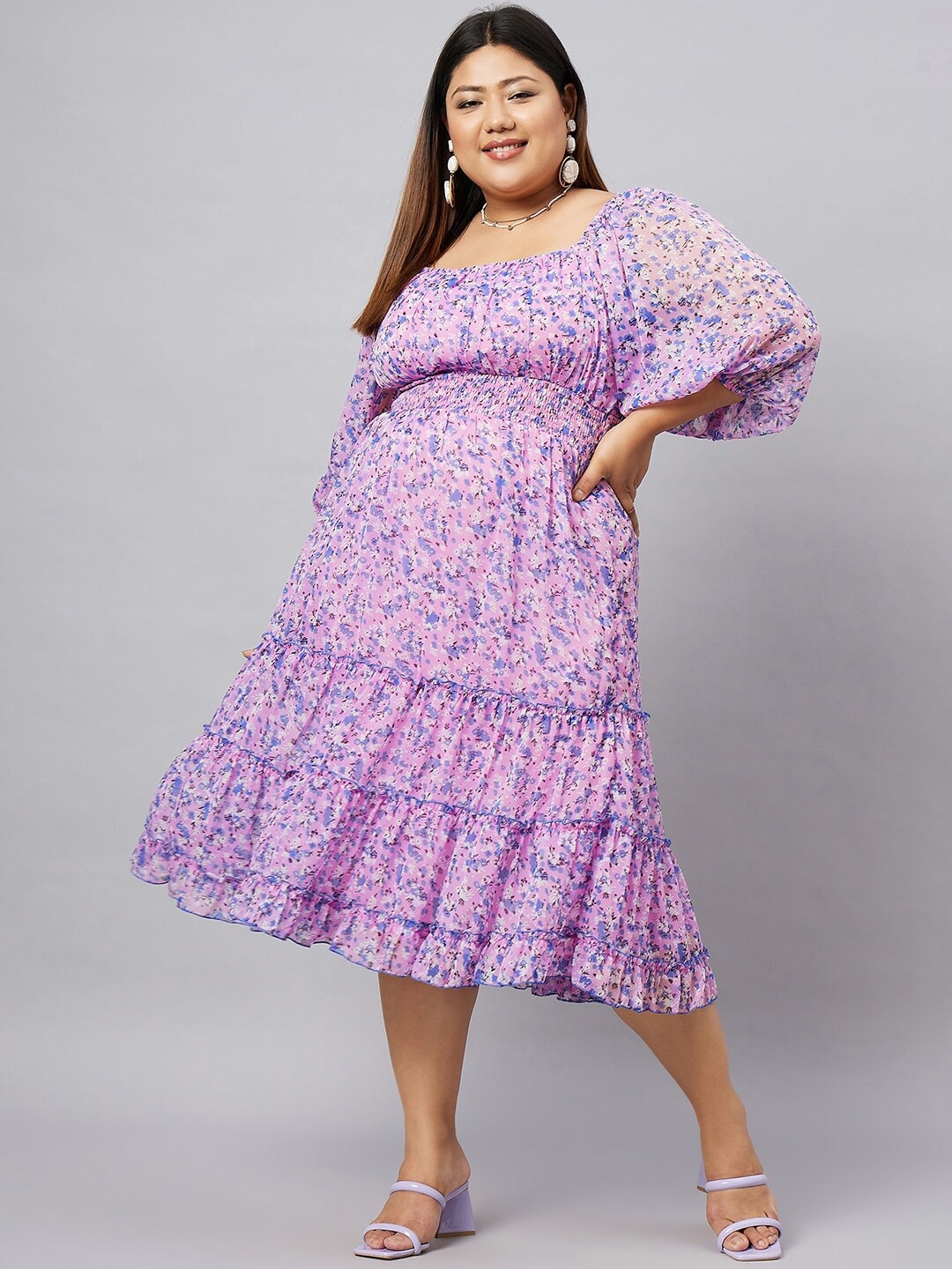 

Antheaa Curve Plus Size Floral Printed Puff Sleeves Fit & Flare Dress, Purple