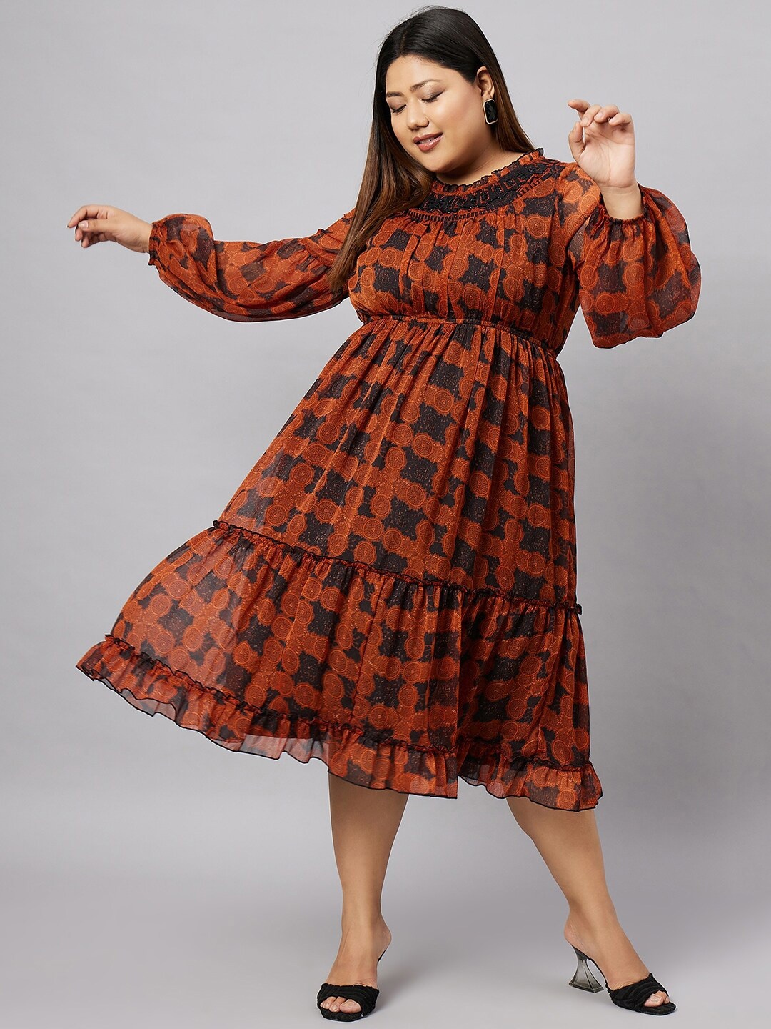 

Antheaa Curve Plus Size Ethnic Motifs Printed Puff Sleeve Empire Midi Dress, Black