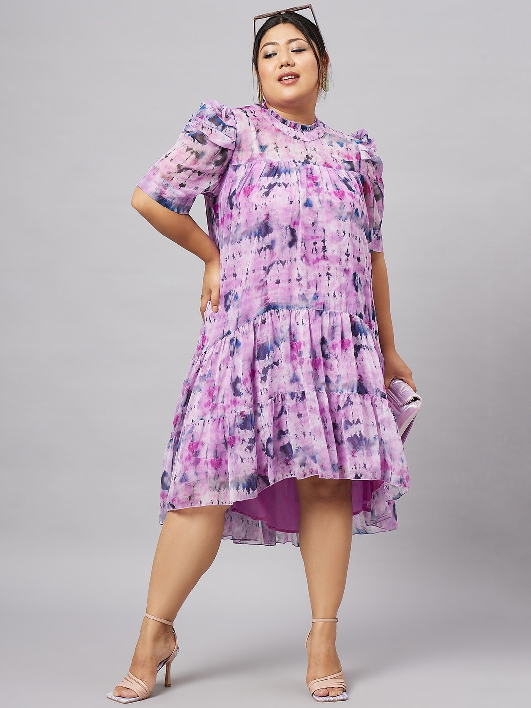 

Antheaa Curve Plus Size Tie & Dyed Chiffon Fit & Flare Tiered High-Low Midi Dress, Lavender