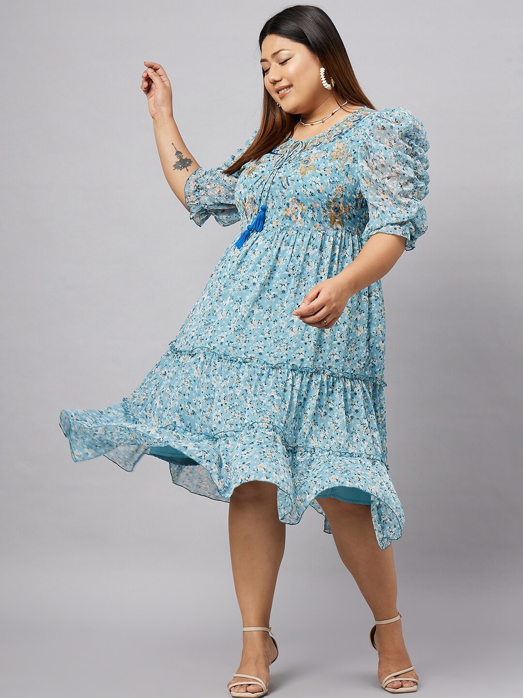 

Antheaa Curve Plus Size Floral Printed Puff Sleeves Fit & Flare Dress, Blue