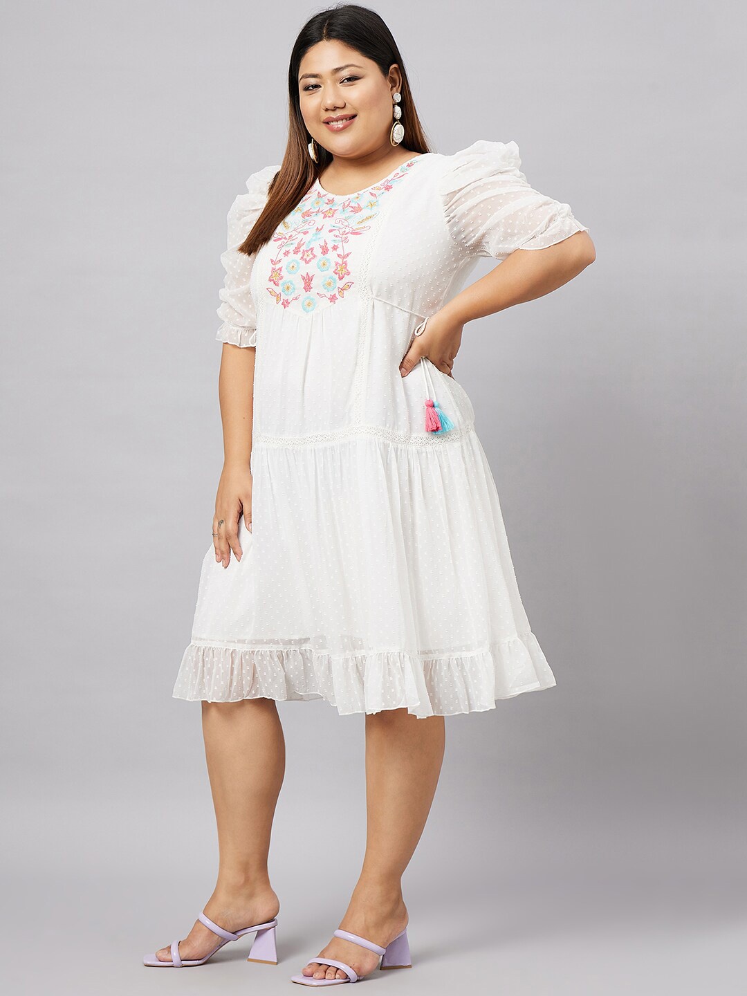 

Antheaa Curve Plus Size Self Design Puff Sleeve Embroidered Tiered A-Line Dress, Off white