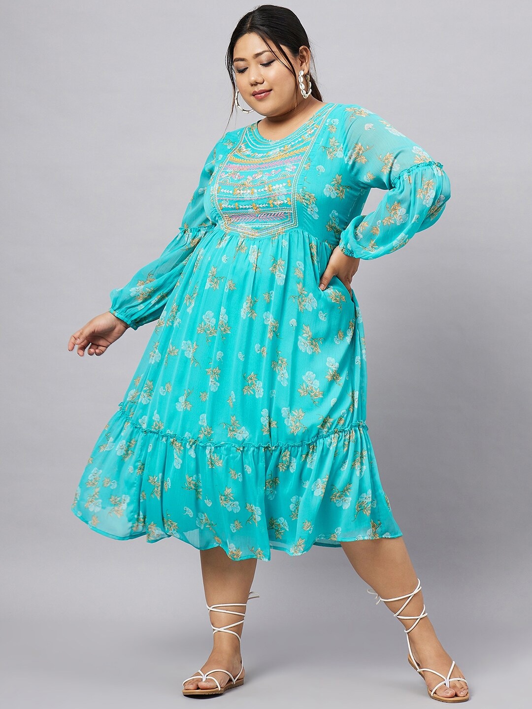 

Antheaa Curve Plus Size Floral Printed Puff Sleeves Fit & Flare Midi Dress, Turquoise blue